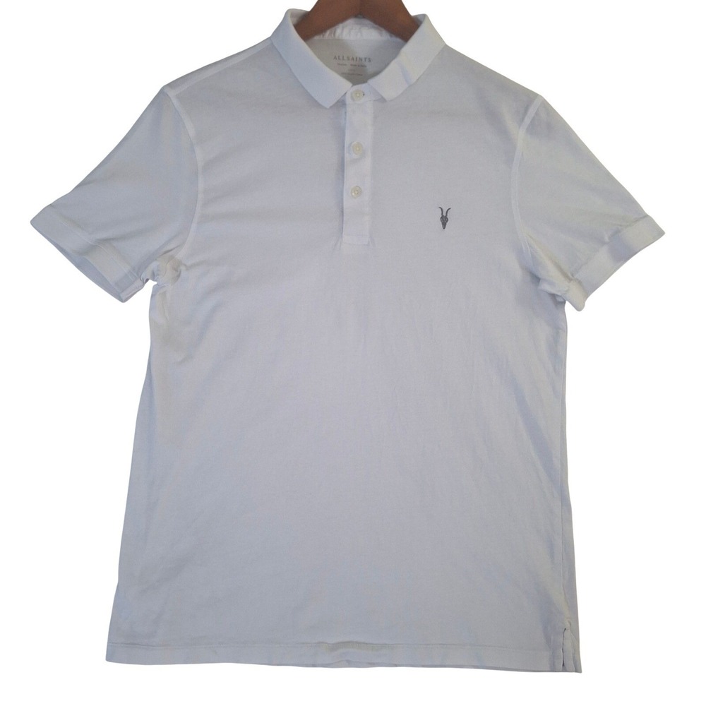 AllSaints Reform Polo Shirt White Organic Cotton Slim Fit Ramskull Logo Medium